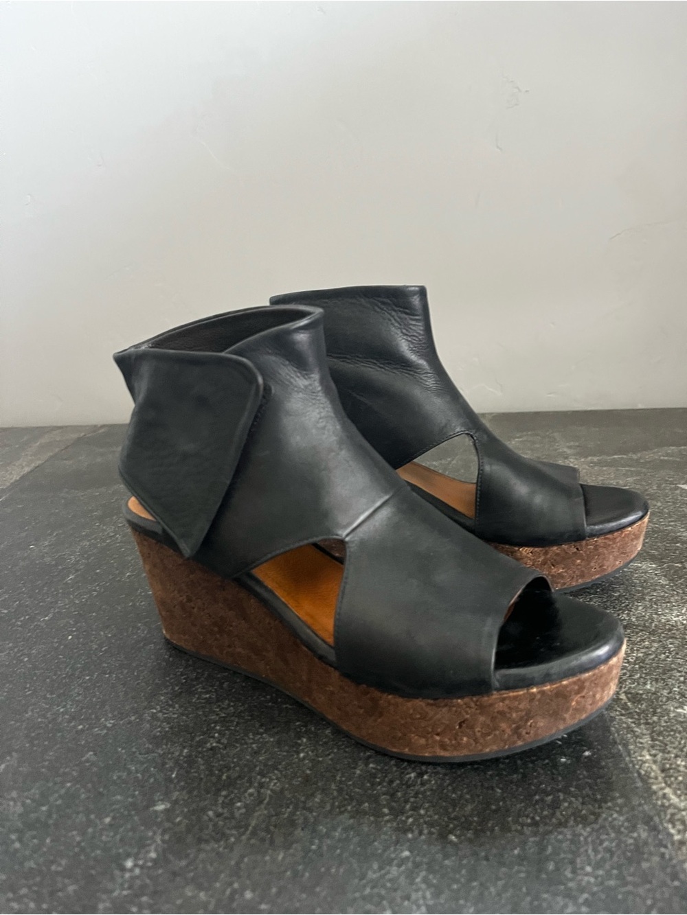 COCLICO Black Leather Cork Wedge Sandals